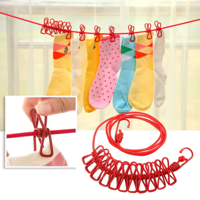 Elastic Clothesline with Clips hanging outdoors