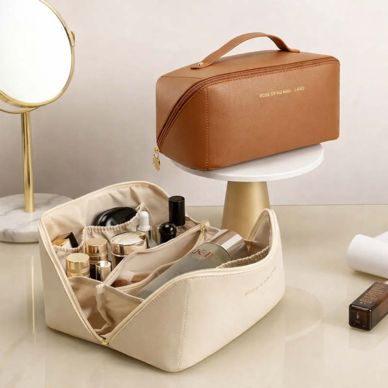 Large Capacity Leather Travel Cosmetic Bag for Makeup and Toiletries