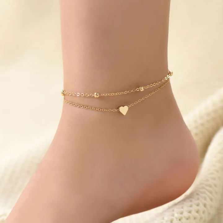 Double Chain Heart Anklet Payal for Girls – Simple Gold Foot Bracelet Fashion Jewelry