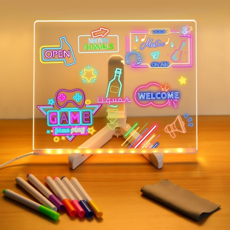 LED Note Board light up acrylic message board with stand and 7 colorful dry erase markers