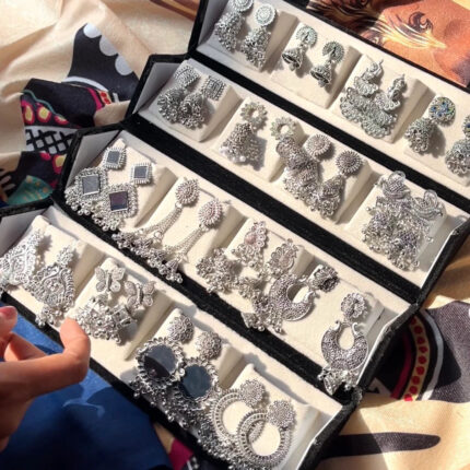 16 Pairs Silver Jhumka Earrings Gift Box – Trendy Indian Jhumkay Collection – Premium Jewelry Set
