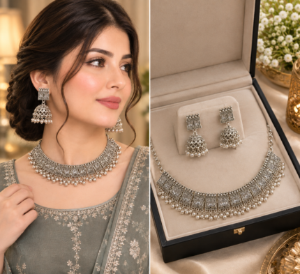 RoyalGlow - Noor-e-Zari Choker Set - Elegant Traditional Jewelry Design - Silver Color - Standard Size