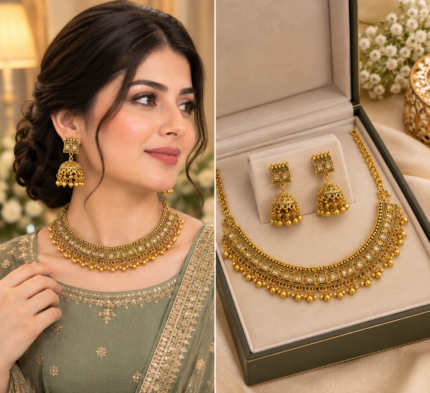 RoyalGlow - Noor-e-Zari Choker Set - Elegant Traditional Necklace & Earrings - Golden & Black Bead Design - Standard Size