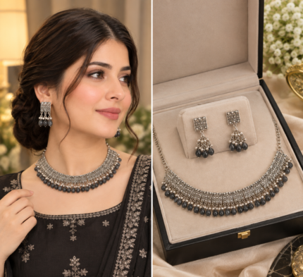 RoyalGlow - Noor-e-Zari Choker Set - Elegant Traditional Necklace & Earrings - Silver & Black Bead Design - Standard Size