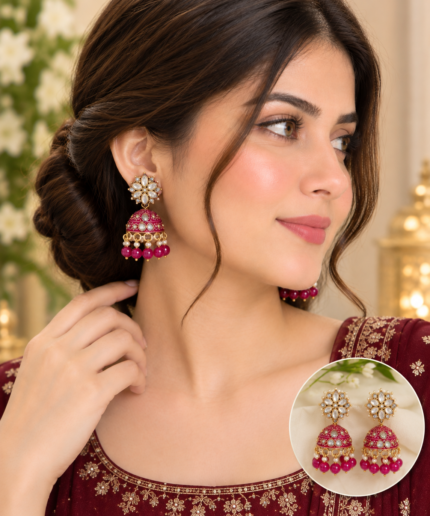 RoyalGlow - Jhumka Earrings - 12 Color Options & 3 Elegant Designs - Pearl & Bead Hanging Detail - Gold-Tone Variant - Standard Size