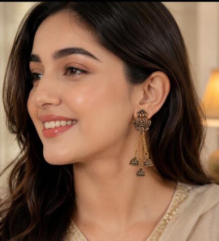 RoyalGlow - Long Jhumka Earrings - Elegant Floral Design with Hanging Chain Tassels - Traditional Fashion Jewelry - Gold-Tone Variant - Standard Size