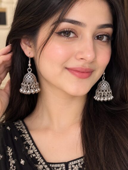 RoyalGlow - Jhumka Earrings - Elegant Traditional Design with Sparkling Details - Fashion Jewelry - Silver-Tone Variant - Standard Size