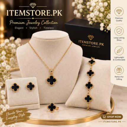 RoyalGlow - Black Clover Elegance Jewelry Set - Stylish Clover-Inspired Design - Black & Gold-Tone Fashion Jewelry - Standard Size