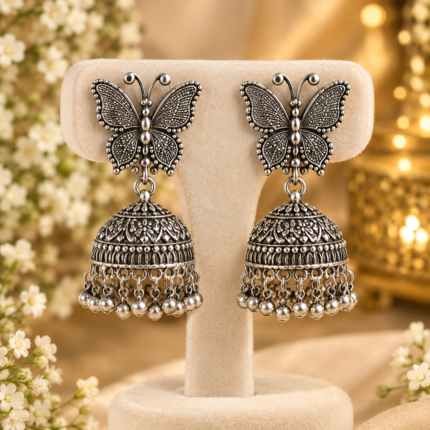 RoyalGlow - Butterfly Jhumka Earrings - Elegant Butterfly-Inspired Design with Hanging Details - Gold-Tone Fashion Jewelry - Standard Size