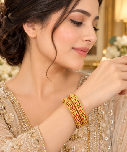 RoyalGlow - 1 Carat Gold Greek Pattern Bangle - Classic Greek-Inspired Design - Gold-Tone Finish - Standard Size
