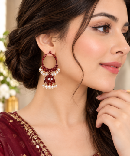 RoyalGlow - Elegant Pearl Jhumka Earrings - Traditional Gold-Tone Designer Design - Pearl Hanging Details - Standard Size