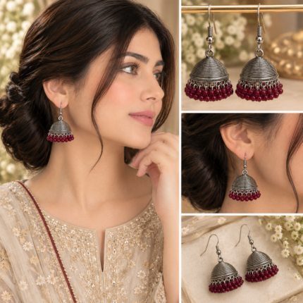 RoyalGlow - Silver Jhumka Earrings - Traditional Dome Design with Mehron Bead Hanging Details - Silver-Tone Variant - Standard Size
