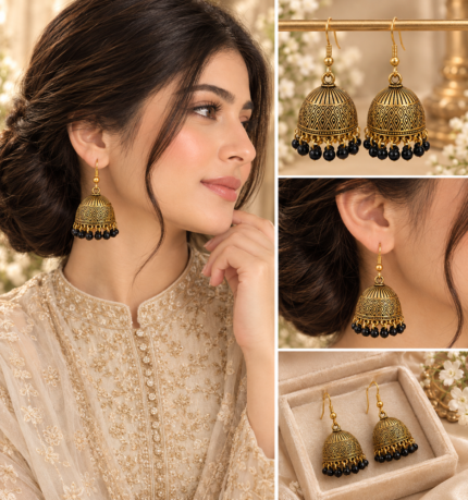 RoyalGlow - Golden Jhumka Earrings - Traditional Dome Design with Black Bead Hanging Details - Gold-Tone Variant - Standard Size