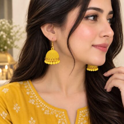 RoyalGlow - Matte Jhumki Earrings - Elegant Dome Design with Beaded Hanging Details - 12 Color Options - Standard Size