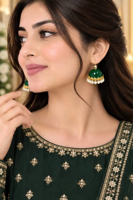 RoyalGlow - Pearl Bead Jhumka Earrings - Round Dome Design with Pearl Hanging Details - Golden Finish Variant - Standard Size