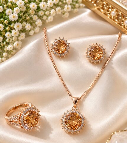 RoyalGlow - Zircon Necklace Set - Necklace, Earrings & Ring with Sparkling Zircon Stones - Elegant Jewelry Set - Gold-Tone Variant - Standard Size
