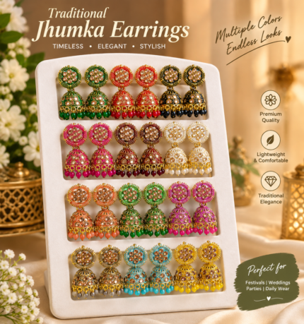RoyalGlow - 12 Pairs Jhumka Earrings Gift Pack - Multicolor Traditional Jhumkay Collection - Pearl & Bead Hanging Design - Gold-Tone Variant - Standard Size