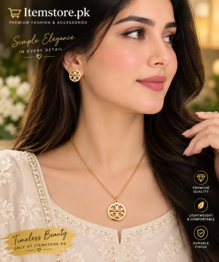 RoyalGlow - Stainless Steel Jewelry Set - Pendant & Earrings - Durable Stainless Steel Fashion Jewelry - Golden-Tone Variant - Standard Size