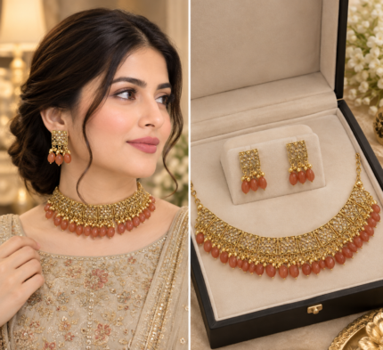 RoyalGlow - Noor-e-Zari Choker Set - Elegant Traditional Necklace & Earrings - Golden & Orange Bead Design - Standard Size